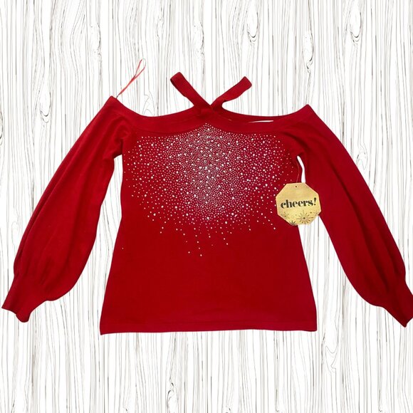 Red sweater with off-shoulder design and sparkling crystals size  M - Picture 1 of 5